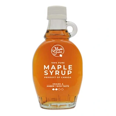 Image de MapleFarm Sirop d&#039;érable canadien pur Grade A, Ambré, goût riche Bouteille de 189 ml (250 g) Pure maple syrup Jus