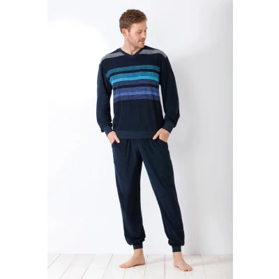 Afbeelding van Blauwe badstof heren pyjama hajo