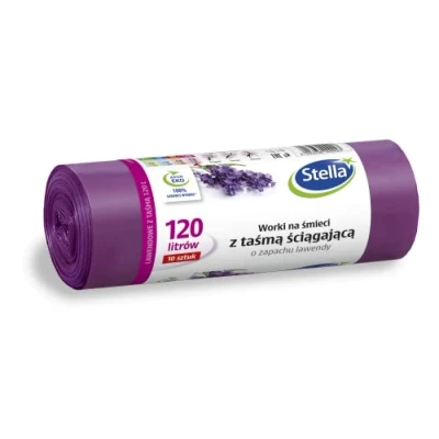 Afbeelding van STELLA 009923 Vuilniszakken met trekkoord, 120 liter, lavendelgeur, voor huishoudelijk afval en kantoor, gemaakt van polyethyleen lage dichtheid, kleur: lavendel/paars, 10 stuks
