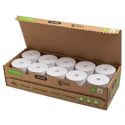 Afbeelding van Exacompta Ref. 40768E Doos met 10 thermische spoelen voor kassabonnen breedte 80 mm x diameter 72 mm, 1 laag 48g/m² zonder Phenol, geen plastic afval Afmeting +/ 2m : 76 m