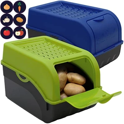 Afbeelding van ARTECSIS Set van 2 bewaarboxen voor aardappelen, groen / blauw, aardappeldoos met deksel ca. 4 kg aardappelen + 6 stickers groentesoorten