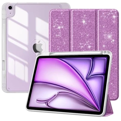 Afbeelding van TiMOVO Beschermhoes voor iPad Air 11 inch M2 2024, 6/5/4 (2024/2022/2020) 10,9 inch, met penhouder, dunne standaard, transparante achterkant, automatische slaap/wake, taro glitter paars