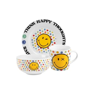 Afbeelding van United Labels Smileyworld Ontbijtset voor kinderen met smiley, 3 delig porselein, bord, kom en beker, vaatwasmachinebestendig magnetronbestendig