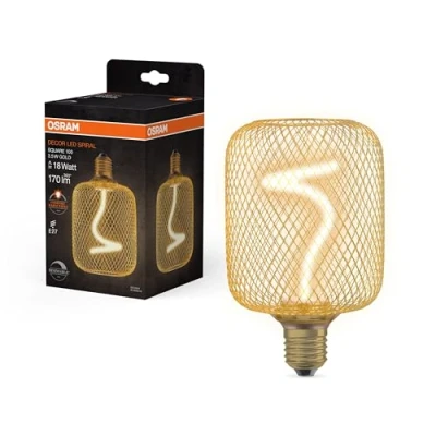 Afbeelding van OSRAM DECOR LED lamp met spiraalgloeidraad in metalen behuizing (vierkant), loodvrij glas, warm wit comfortlicht (1800 K), 3,5 W / 170 lm, E27 fitting, dimbaar, 100 mm, lampbehuizing goud.