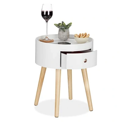 Afbeelding van Relaxdays bijzettafel rond tafel koffietafel nachtkastje met lade wit hout