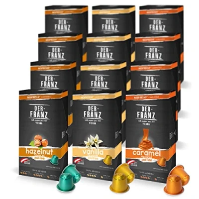 Afbeelding van Der Franz 12 x 10 koffiecapsules compatibel met Nespresso, (40 gearomatiseerd hazelnootaroma, 40 vanille, karamel)