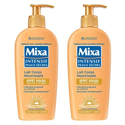 Image de Mixa Intensif Peaux Sèches Lait Corps Nourrissant Effet Soleil Autobronzant Hâle Doré Naturel Progressif et Uniforme Claires Hypoallergénique Lot de 2, 250ml