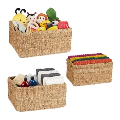Afbeelding van Relaxdays opbergmand 3 delige set gevlochten manden met handvatten badkamer kastmand