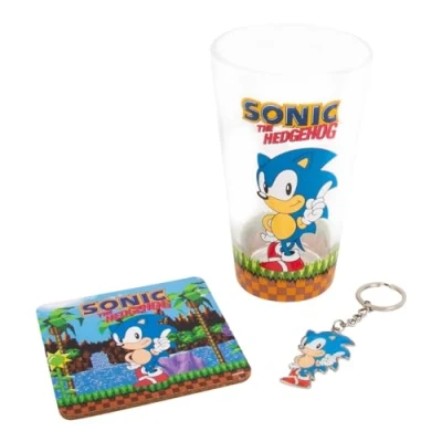 Afbeelding van Sonic the Hedgehog glas &amp; onderzetter sleutelhanger cadeaupakket