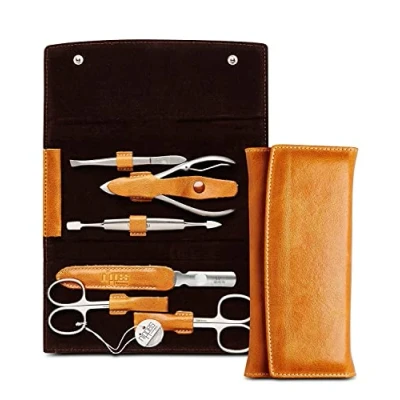 Afbeelding van Nippes Solingen Manicure Pedicure Etui 6 delig RVS Cognac Bruin leren Handgemaakt 25 jaar garantie