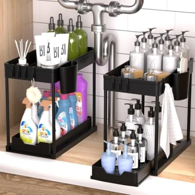 Afbeelding van Yocole 2 stuks zwart onder de wastafel, pull out koeler, opslag gootsteen, badkamer organizer keuken