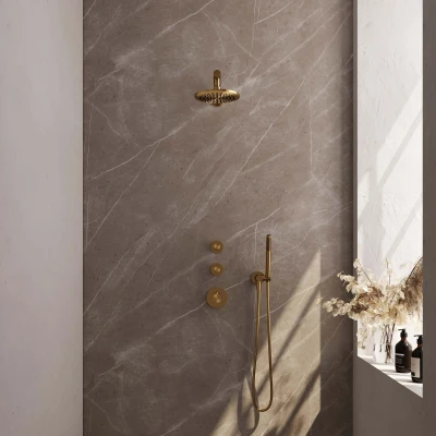 Afbeelding van Brauer Gold Edition Regendoucheset inbouw hoofddouche 20cm 3 gladde knoppen rechte wandarm handdouche staaf 1 stand PVD geborsteld goud
