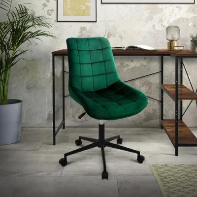 Afbeelding van Bureaustoel op wielen groen met fluwelen bekleding en metalen frame ML design