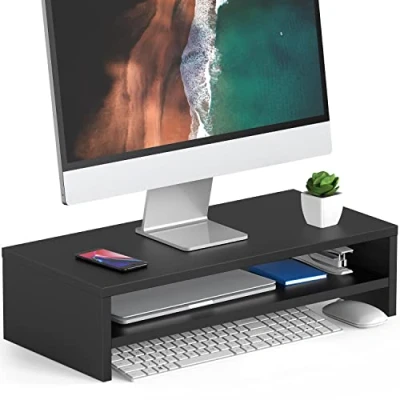 Afbeelding van FITUEYES 2 niveaus Monitor Riser Stand 54cm Grote Computer Laptop met Toetsenbord Opslagruimte, Home Office Supplies, Bureau Organizer Zwart