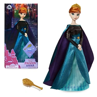 Afbeelding van Disney Store Frozen Anna pop, 29 cm, met gouden borstel en gevormde details, volledig beweegbaar speelgoed satijnen jurk, geschikt voor kinderen vanaf 3 jaar