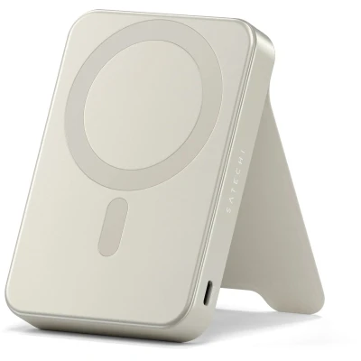 Afbeelding van SATECHI externe batterij MagSafe 10.000 mAh met opvouwbare houder, voor iPhone Qi2 snel opladen, 15 W, USB C powerbank en compact design, beige