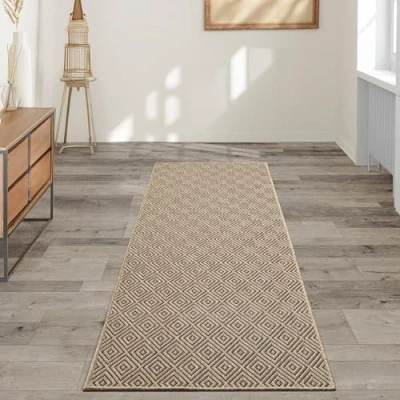 Afbeelding van Jute look Vloerkleed voor binnen en buiten 60x180 cm Rechthoekig Loper slaapkamer in de hal natuurlijke keukenloper, keukentapijt Buitentapijt of Tuintapijt balkon terras KANSAS kleed by The Carpet