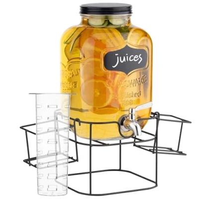 Afbeelding van Navaris glazen limonadetap met kraantje 5L twee bekerhouders Drankdispenser zwarte metalen standaard Sapdispenser Voor koude dranken