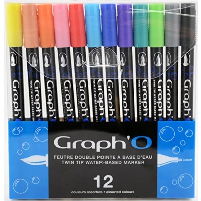 Afbeelding van GRAPH&#039;O Set van 12 viltstiften op waterbasis, dubbele punt voor tekenen, illustreren en aquarel, extra fijne 0,5 mm zachte penseelpunt