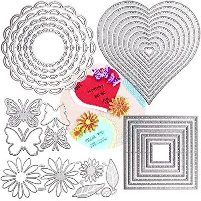 Afbeelding van DailyTreasures 5 stuks multifunctionele metalen stanssjablonen voor knutselen, scrapbooking, decoratie en kaarten maken (hart/vierkant/rond/kant/vlinder/bloem)
