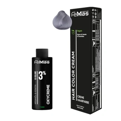 Afbeelding van Femmas Zilverkleurige haarkleurset I Hair Color Cream 100 ml + oxycreme 3% permanente haarkleur ontwikkelaar zacht en duurzaam salon haarverf voor thuis