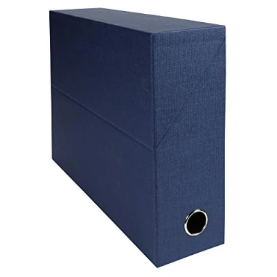 Afbeelding van Exacompta Ref. 89427E, 1 canvaspapier transferdoos, 90 mm rug, metalen oog, voor A4 formaat, afmetingen 25.5 x 34 9 cm, donkerblauwe kleur, gemonteerd geleverd