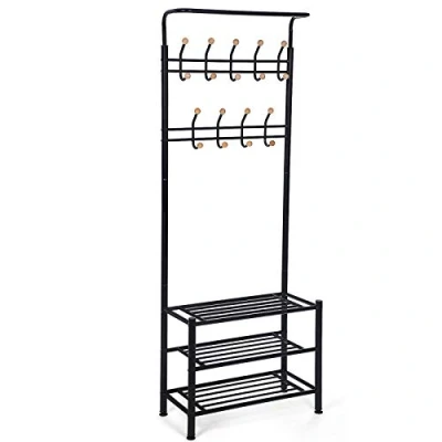 Afbeelding van SONGMICS HSR04B Kapstok met schoenenrek 3 lagen en 18 metalen haken, 68,8 x 35,2 187 cm, zwart