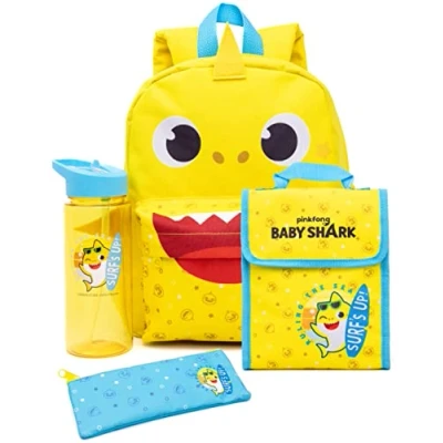 Afbeelding van Baby Shark Peuterrugzak en lunchbox set 4 delige liedrugzak voor jongens meisjes, lunchbox, etui, waterfles, 3D haaienvinnen, Geel.