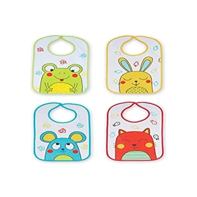 Afbeelding van Ti TIN Set van 4 bedrukte slabbetjes, waterdicht, 25 x 35 cm 100% polyester microvezel babyslabbetjes 6 tot 12 maanden klittenbandsluiting vinylvoering diermotief 200 g/m²