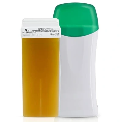 Afbeelding van Dermawax Roll on waxverwarmer, patroon met warme was, olijf, ontharingsset voor ontharing van benen, armen, rug, applicatie vliesstrips