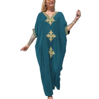 Afbeelding van YouKD Zomer Katoen Geborduurde Bloemen Losse Kaftan Boho Strand Bikini Cover Jurk Plus Size voor Vrouwen, Groen 2