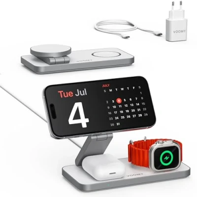 Afbeelding van Voomy 3 in 1 Draadloze Oplader (15W Snellader) Opvouwbaar Geschikt voor MagSafe iPhone, Apple Watch, AirPods iOS &amp; Android Wit