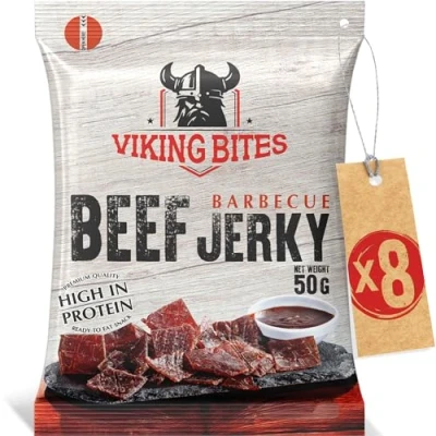 Image de Viking Bites Beef Jerky Barbecue 400g (8 x 50g) Getrocknetes Rindfleisch Fleischsnack mit hohem Proteingehalt