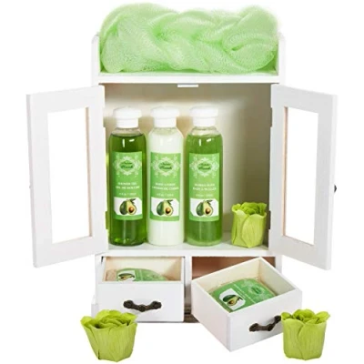 Afbeelding van BRUBAKER Cosmetics 10 delige bad en verzorgingsset Avocado in vintage houten kastje wit Cadeautip Vrouw Cadeau Idee Moederdag cadeautje