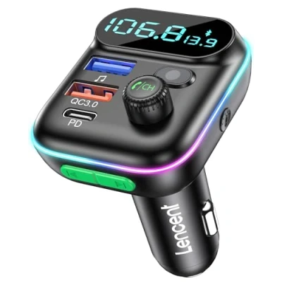 Afbeelding van LENCENT FM autozender Bluetooth adapter V5.0 Autoradio Handsfree autolader met USB poorten PD Type C QC 3.0 snel opladen