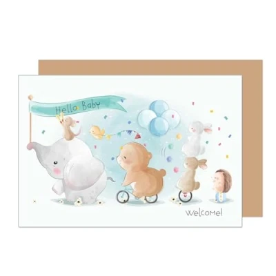 Afbeelding van Edition Seidel Hoogwaardige geboortewenskaart met envelop, babykaart, evenementenkaart, wenskaart, Hello Baby Welcome ticket, dieren, evenement, jongens en meisjes