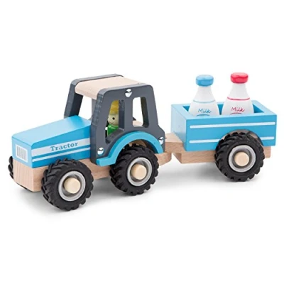 Afbeelding van New Classic Toys Houten Tractor met Aanhanger Blauw