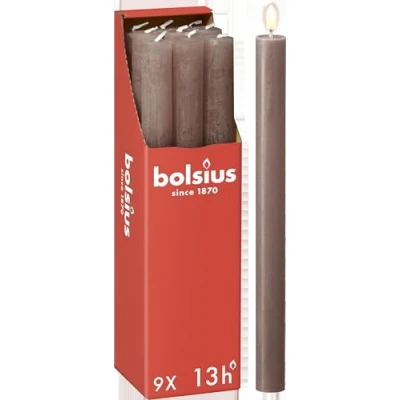 Afbeelding van Bolsius 9 stuks conische stompkaarsen, taupe, lange brandduur van 13 uur, huiskaars, woondecoratie, ongeparfumeerd, met veganistische natuurlijke was, 27 x 2,3 cm