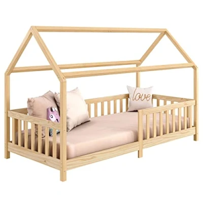 Afbeelding van IDIMEX Nina Huisbed van massief grenen, mooi Montessori bed 90 x 200 cm, minimalistisch kinderbed met natuurlijk dak