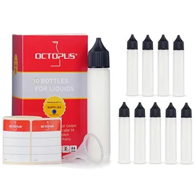 Afbeelding van 10 x 30 ml knijpflessen met trechter + etiketten, zachte doseerflessen van polyethyleen lage dichtheid en zwarte deksels