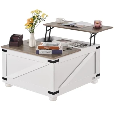 Image de VEVOR Table basse de salon carrée plateau relevable rangement 800 mm gris blanc