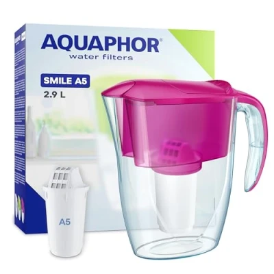 Afbeelding van AQUAPHOR Smile Waterfilterkaraf, 2,9 l, geschikt voor koelkastdeuren, licht, ruimtebesparend, inclusief 1 x A5 350L filter, vermindert kalk, chloor, microplastic, cyclaamroze