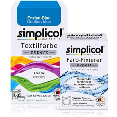Afbeelding van simplicol textielverf expert gentiaanblauw + fixeermiddel: textiel, wol, zijde blauw verven, set 1x150g en 1x90ml