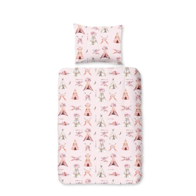 Afbeelding van Dekbedovertrek voor Kinderen 100x135 cm Tipi Tent en Veer Print Roze 1 Persoons 100% Katoen