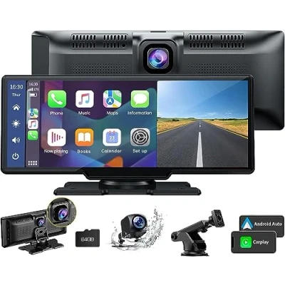 Afbeelding van Draadloze Apple Carplay en Android Auto, autoradio met dashcam aan de voorkant 2K, achtercamera 1080p, draagbaar, 9,26 inch touchscreen Bluetooth/GPS/FM/AUX/spiegellink/TF kaart 64G