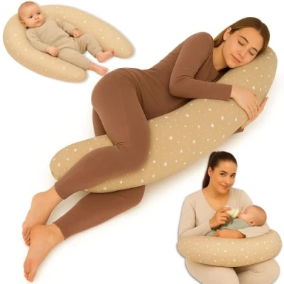 Afbeelding van Borstvoedingskussen, XXL, zijslaapkussen, zwangerschapskussen, ondersteuningskussen, katoen, voor volwassenen, 190 cm, beige met witte sterren