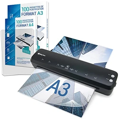 Afbeelding van Waytex Lamineerapparaat, A3, A4, A5, A6, A7, Pro, snel, warm en koud, tot 2 x 125 micron, voor kantoor of thuis, verpakking met 100 A4 hoezen + A3