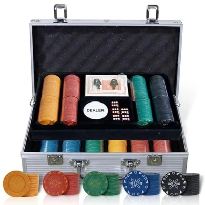 Afbeelding van CCLIFE Pokerset, 300/360/500/600 casino pokerchips met aluminium koffer, speelkaarten, 5 dobbelstenen, 3 dealer buttons, maat: F 500 stuks, opdruk