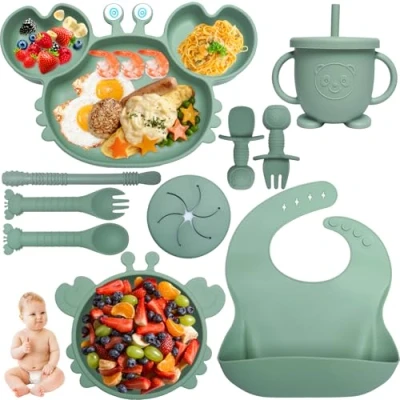 Afbeelding van Kinyoda Lot de 10 bouillies sevrage pour enfant, set gruau antidérapant avec ventouse assiette bol tasse bavoir, ensemble couverts enfants l&#039;alimentation, sans BPA(vert)
