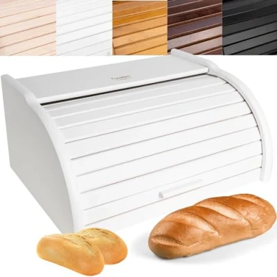 Afbeelding van Creative Home Houten Broodtrommel Wit 40 x 27,5 18,5 cm Natuurlijk Beukenhout Container met Roltop Brooddoos voor Elke Keuken Perfect Droogvoer